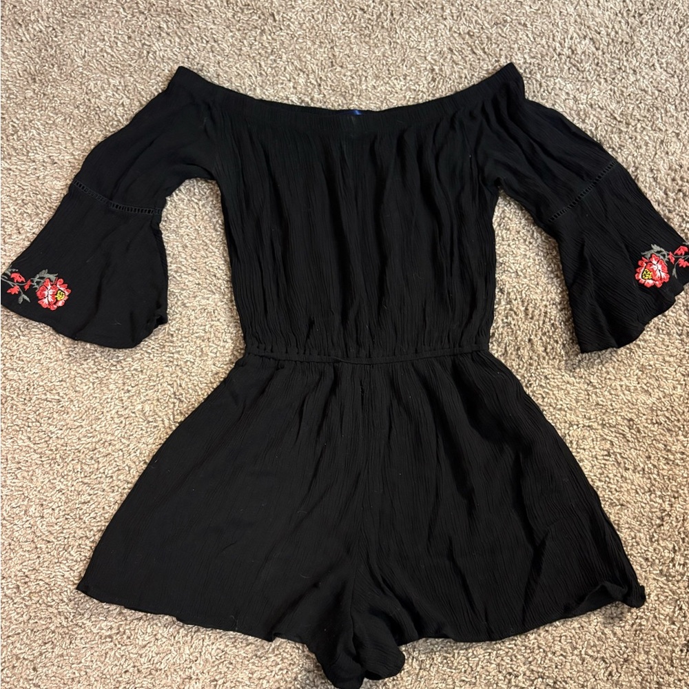 Blue Rain Black Long Sleeve Romper with Floral Embroidery